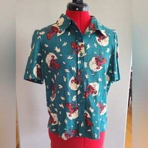 Dangerfield Velociraptor Dino Collared Boxy Shirt - Green happy birthday